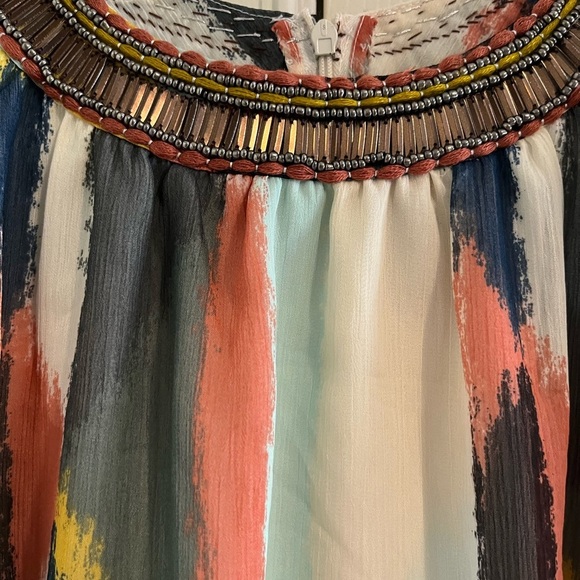 HD in PARIS Anthropologie Cream Brush/Watercolor Chiffon Jeweled Dress 8 - Picture 3 of 5